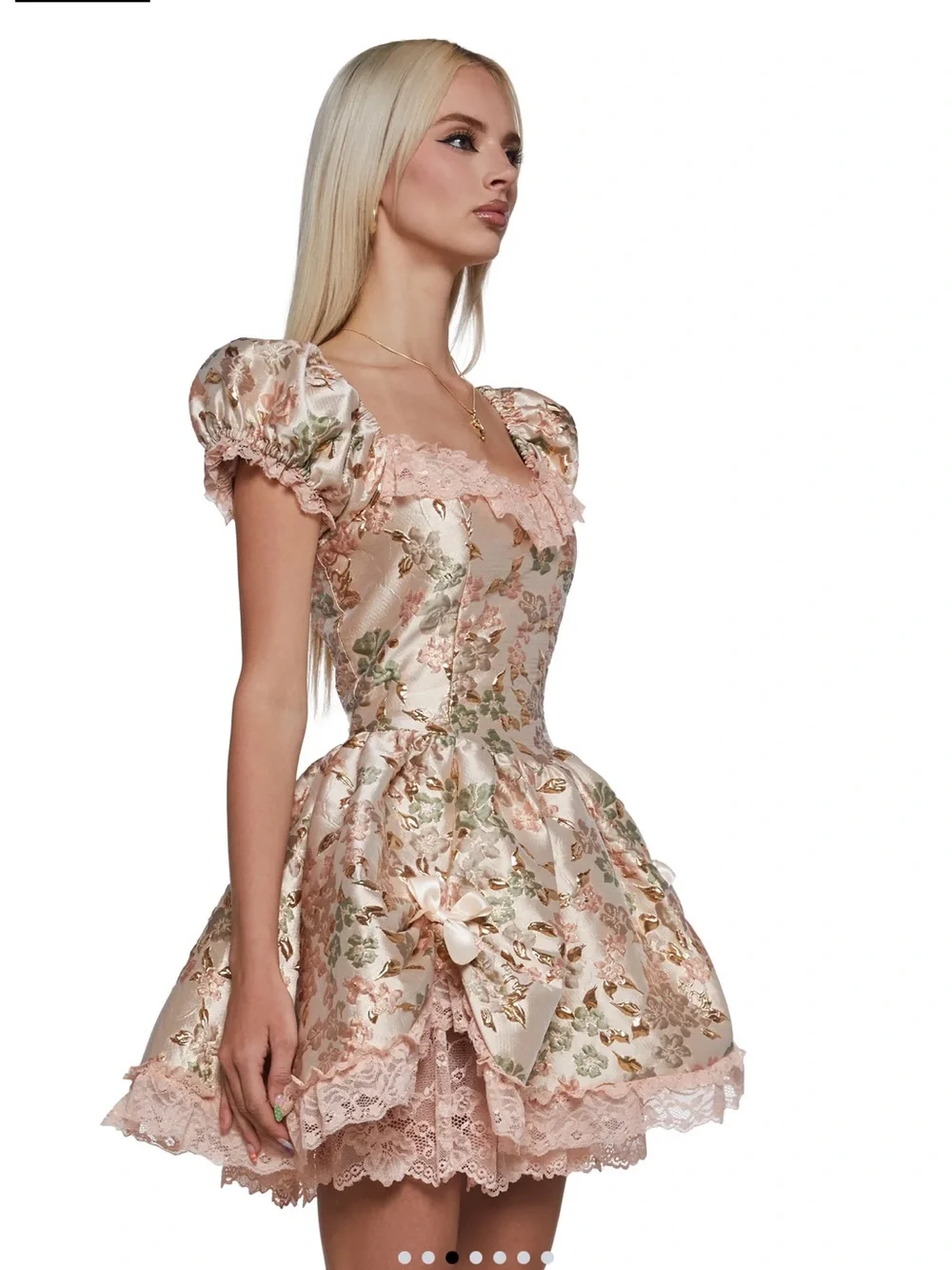 Sugar Thrillz Brocade Pink and Cream Floral Lace Puff Sleeve Dress - Picture 2 of 5